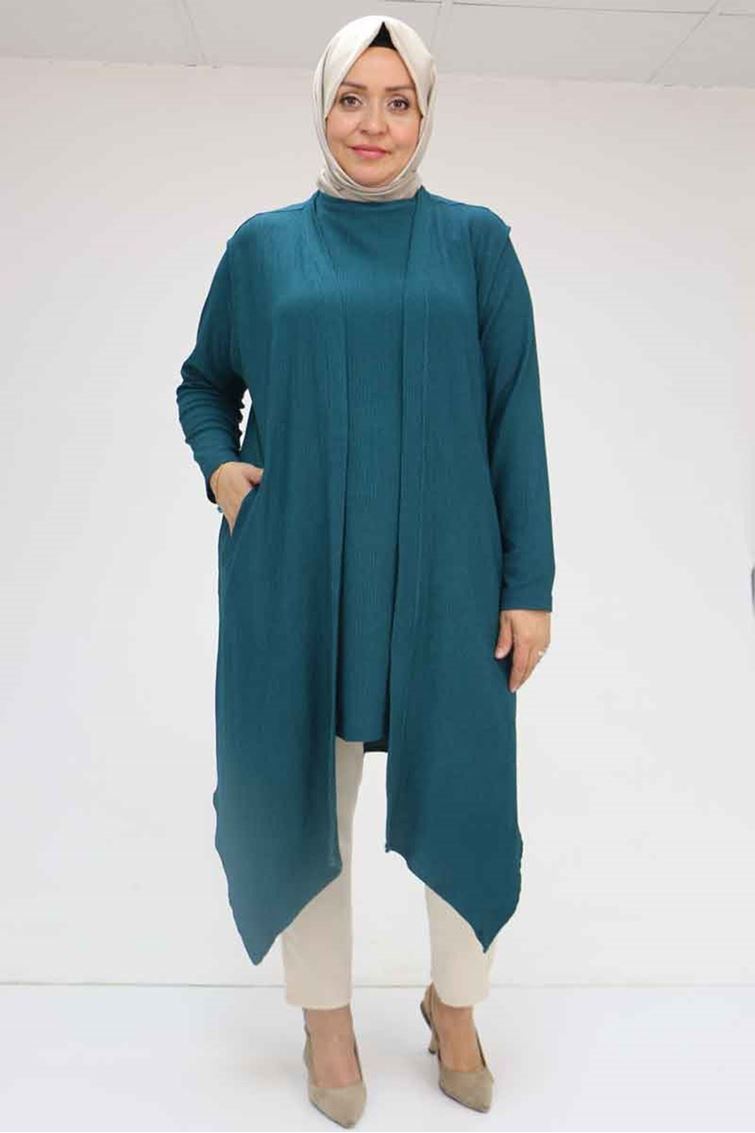 57202 Büyük Beden Yelek-Tunik İkili Bürümcük Takım - Petrol