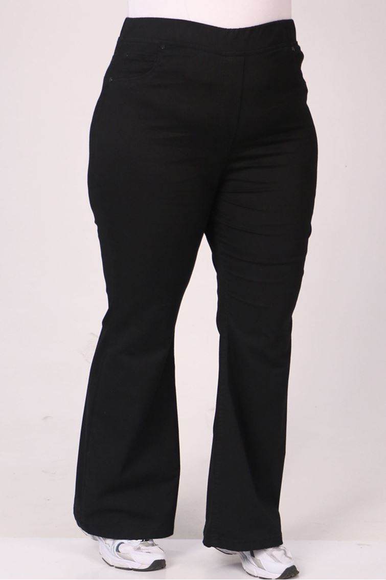 9137-14 Büyük Beden Beli Lastikli İspanyol Paça  Kot Pantolon - Siyah
