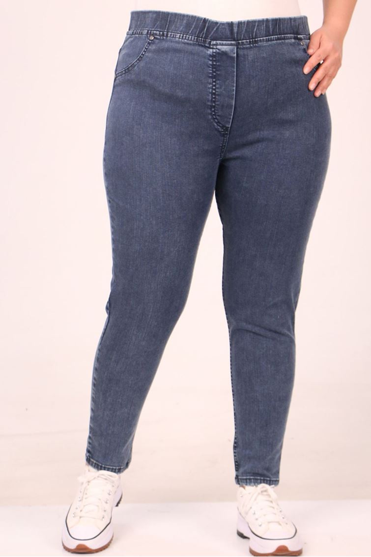 9184-11 Büyük Beden Beli Lastikli Dar Paça Uzun Kot Pantolon - Kar Yıkama Lacivert