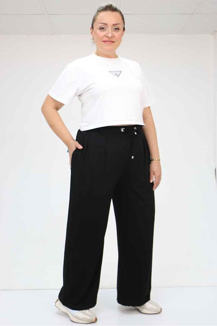 59002 Büyük Beden Pile Detaylı Penye Pantolon - Siyah