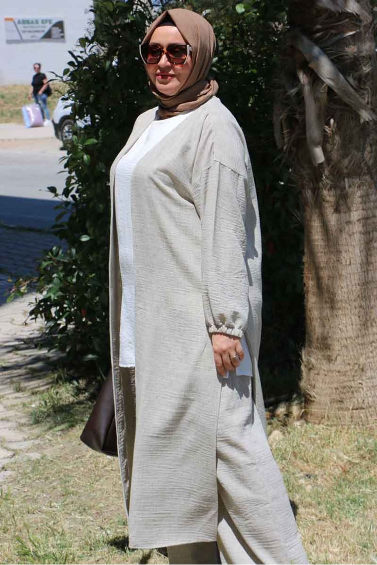 F-57026 Büyük Beden Mostralı Pantolonlu Etamin Takım - Haki