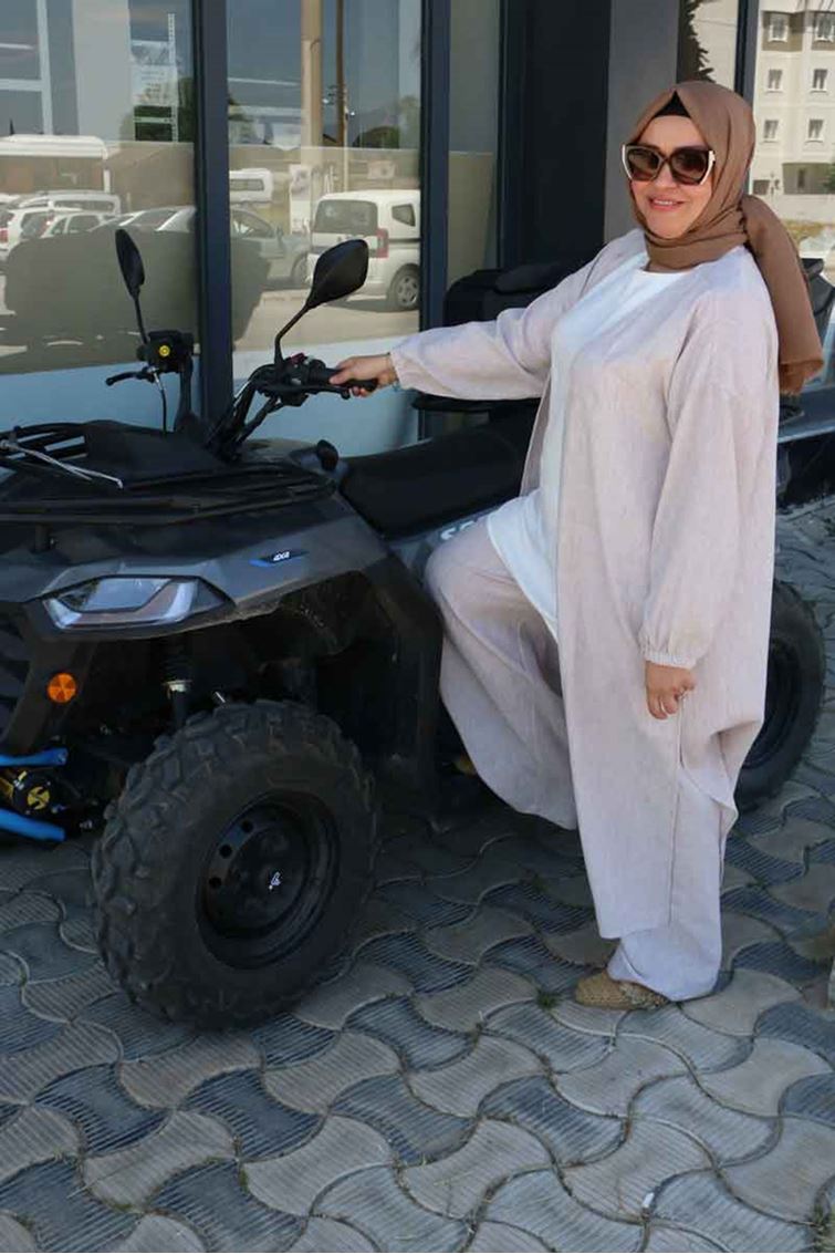 F-57026 Büyük Beden Mostralı Pantolonlu Etamin Takım - Bej