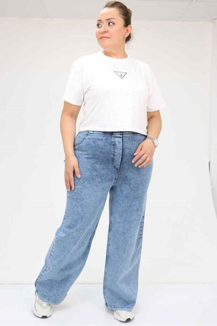 9182-7 Büyük Beden Beli Lastikli Bol Paça Kot Pantolon - Kar Yıkama Mavi