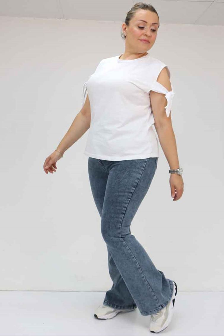 9137-17 Büyük Beden Beli Lastikli İspanyol Paça  Kot Pantolon - Kar Yıkama Lacivert