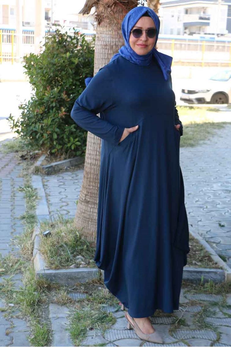 F-52004 Büyük Beden Cepli Çımalı Penye Elbise - Lacivert