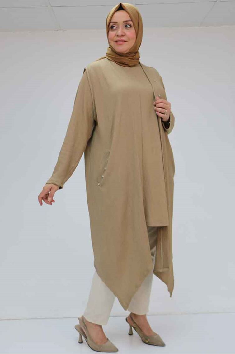 57212 Büyük Beden Yelek-Tunik Taş Detaylı Bürümcük Takım - Vizon