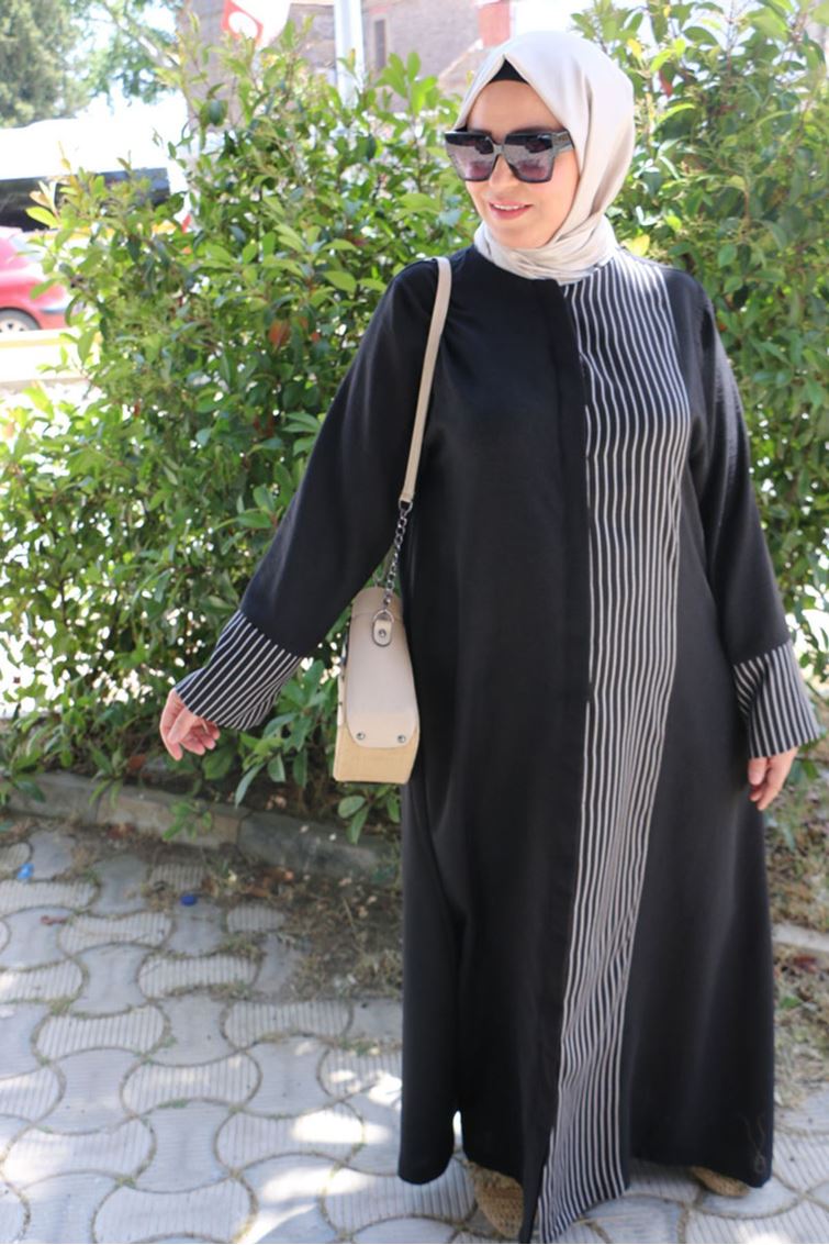 56006 Büyük Beden Yanı Ve  Kolları Garni Detaylı Keten Ferace - Siyah