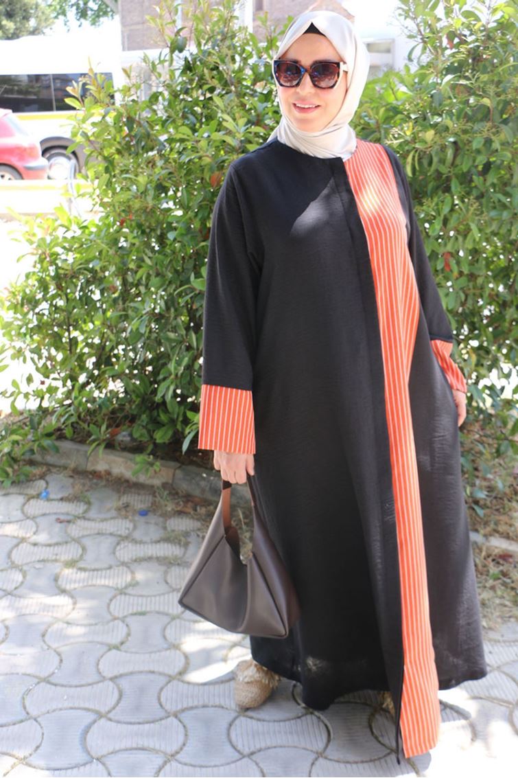 56006 Büyük Beden Yanı Ve  Kolları Garni Detaylı Keten Ferace - Kiremit