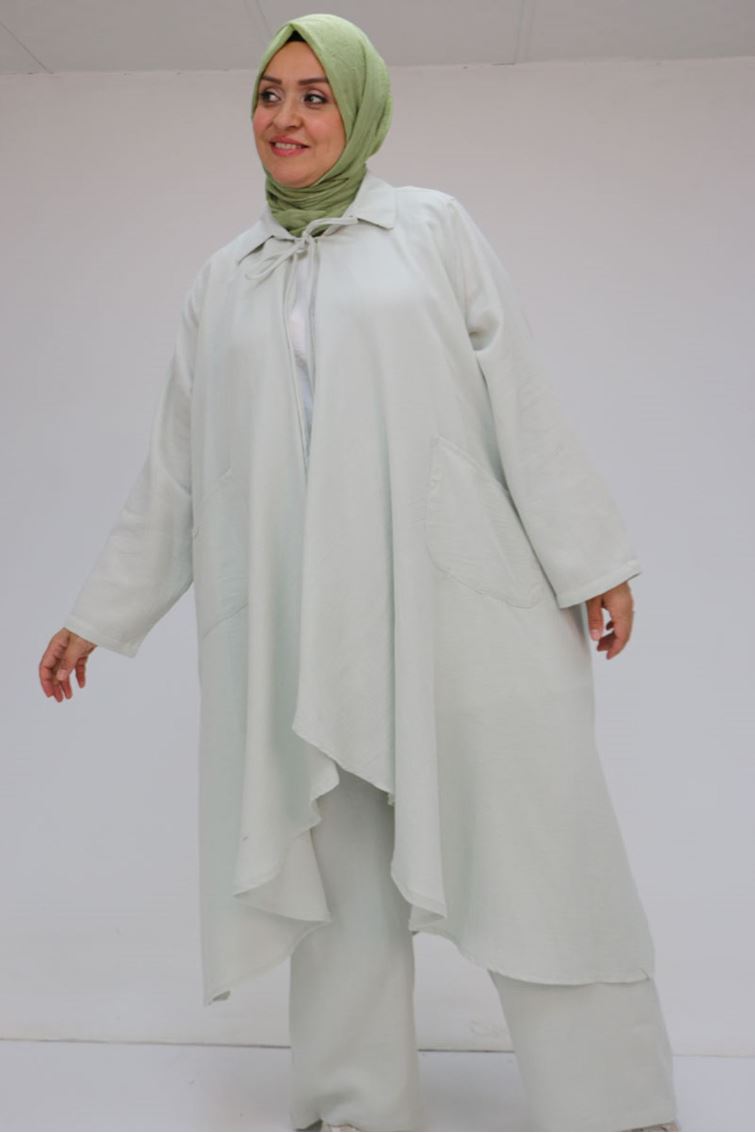 57017 Büyük Beden Torba Cepli Müslin Pantolonlu Takım - Açık Gri