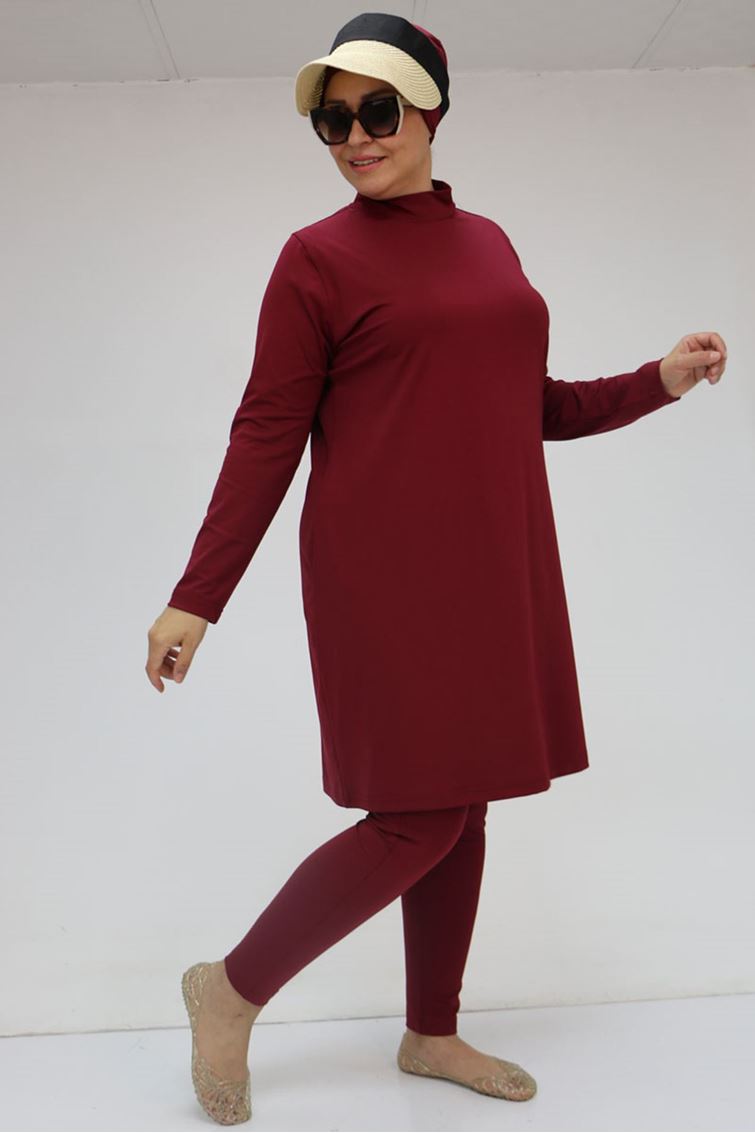 1737 Büyük Beden Uzunkol Tesettür Mayo - Bordo