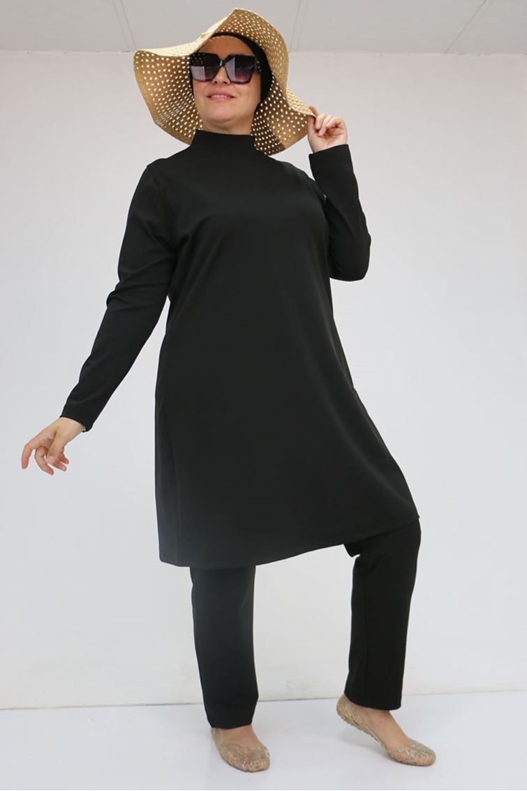 1738 Büyük Beden Uzunkol Tesettür Mayo - Siyah