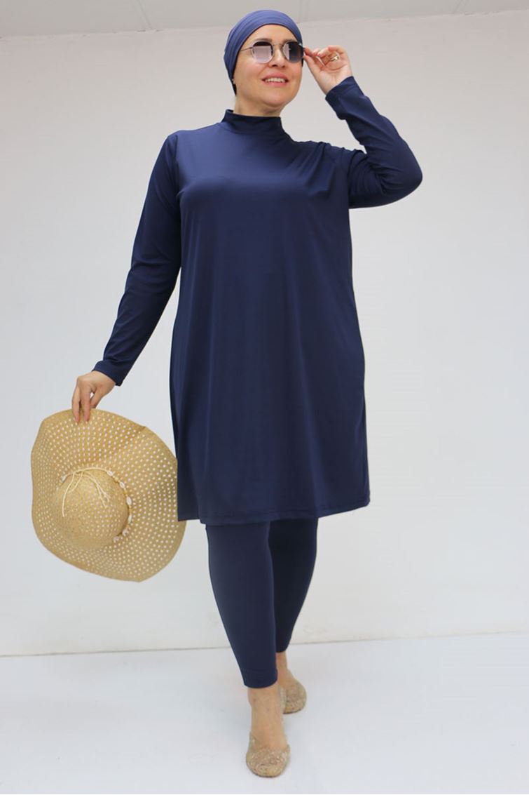 1737 Büyük Beden Uzunkol Tesettür Mayo - Lacivert