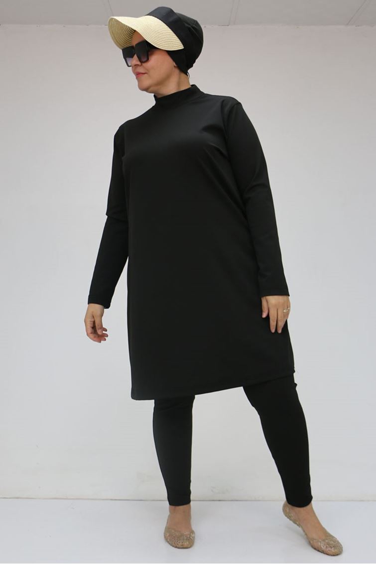 1737 Büyük Beden Uzunkol Tesettür Mayo - Siyah
