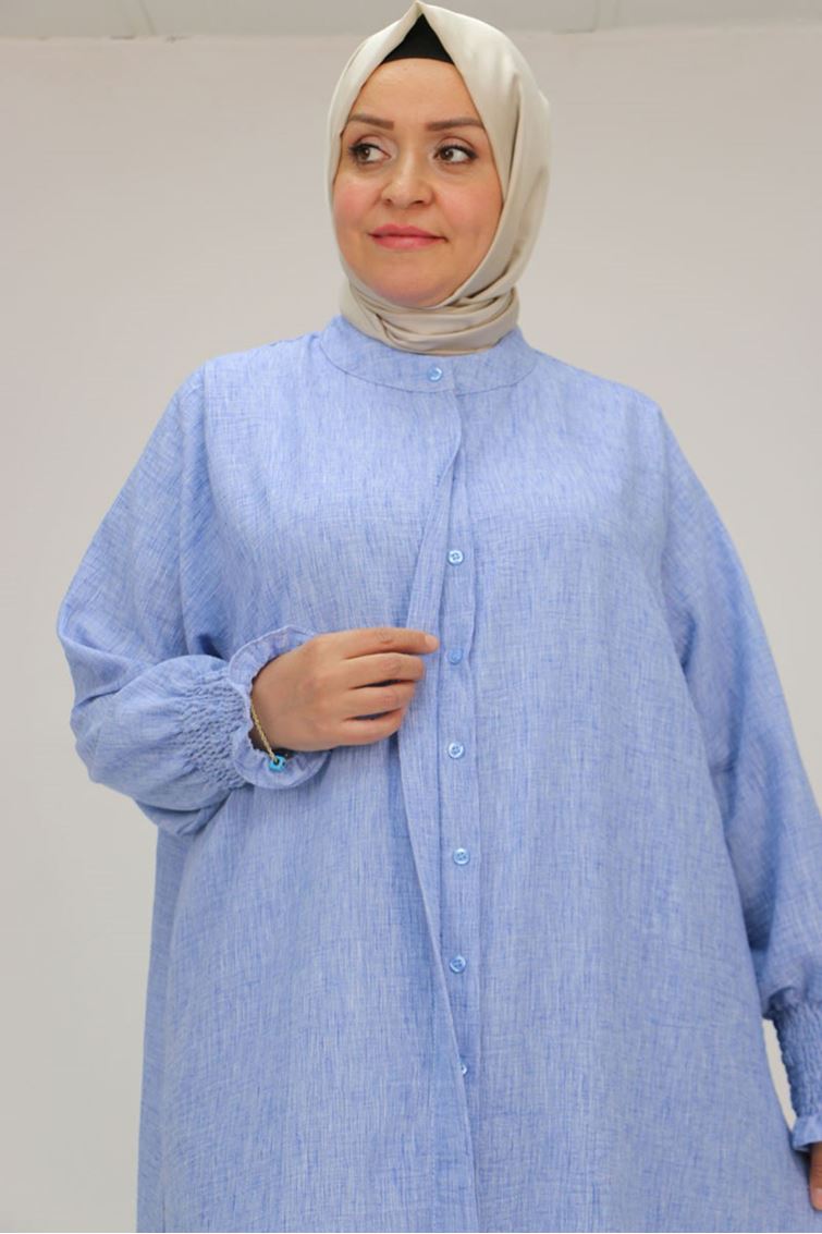 57025 Büyük Beden Kolları Bebe Lastikli Hakim Yaka Etamin Pantolonlu Takım - Mavi