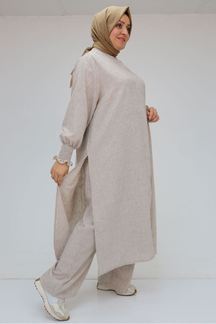 57025 Büyük Beden Kolları Bebe Lastikli Hakim Yaka Etamin Pantolonlu Takım - Kahve