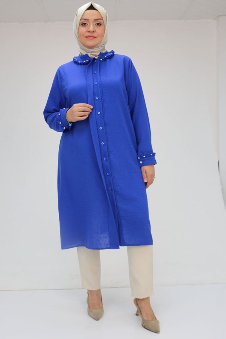 F-58024 Büyük Beden Yaka Ve Kol Manşeti Taşlı Keten Tunik - Saks