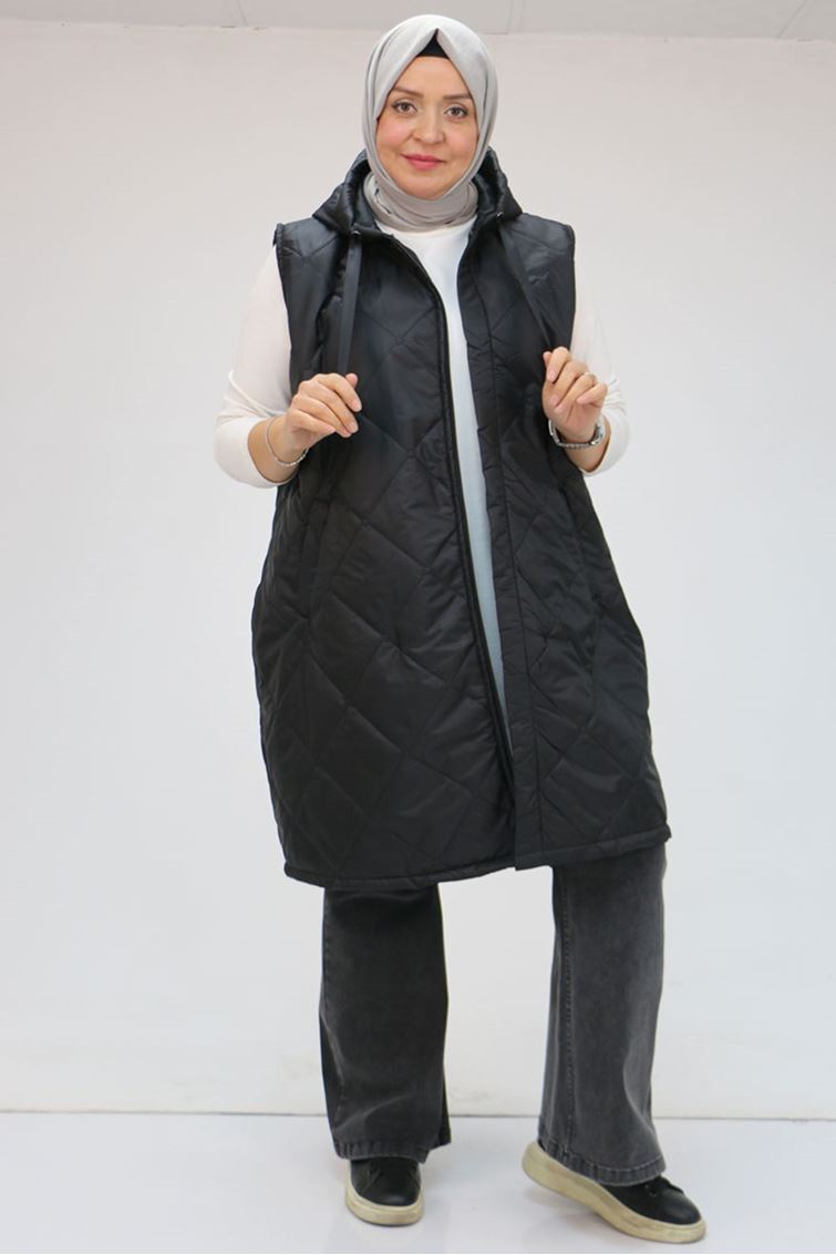 44003-E Büyük Beden  Fermuarlı Kapşonlu Kapitone Yelek - Siyah 