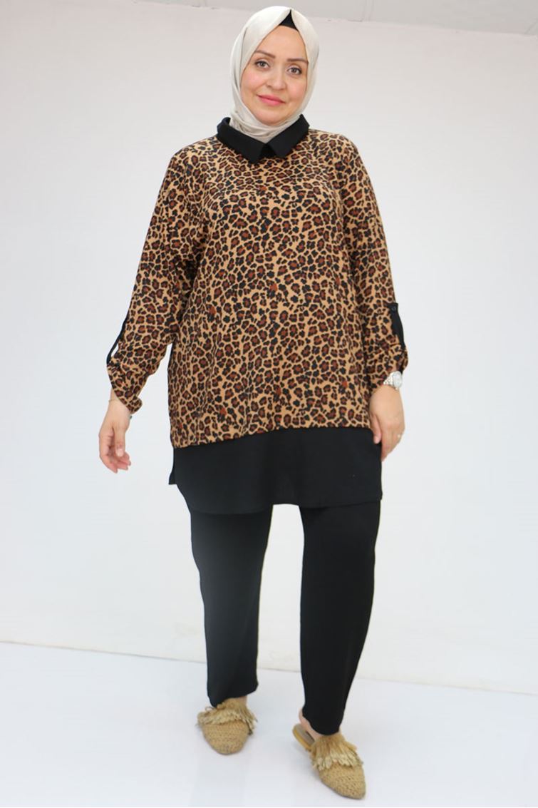 57027 Büyük Beden Erkek Yaka Kombinli Pantolonlu Bürümcük Takım - Siyah-Leopar