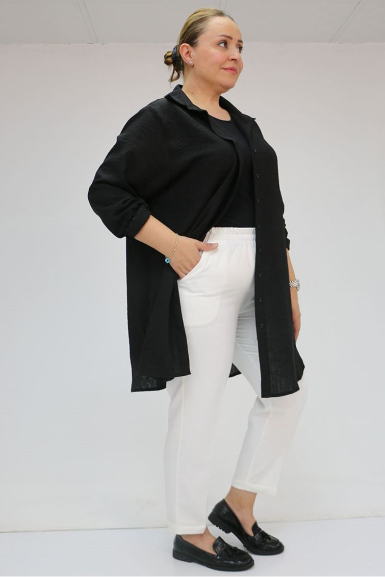 59008 Büyük Beden Beli Lastikli Duble Paça Pantolon - Ekru