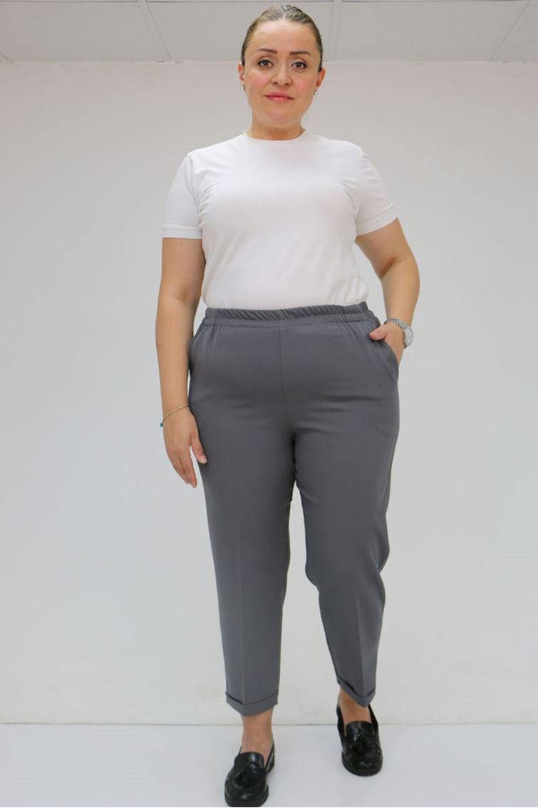 59008 Büyük Beden Beli Lastikli Duble Paça Pantolon - Antrasit