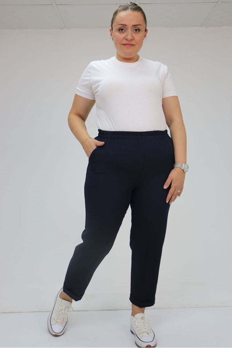 59008 Büyük Beden Beli Lastikli Duble Paça Pantolon - Lacivert