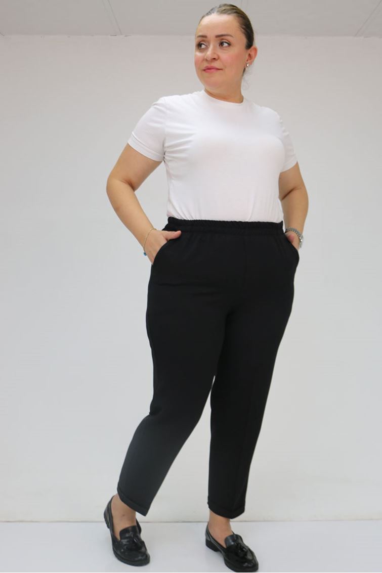 59008 Büyük Beden Beli Lastikli Duble Paça Pantolon - Siyah