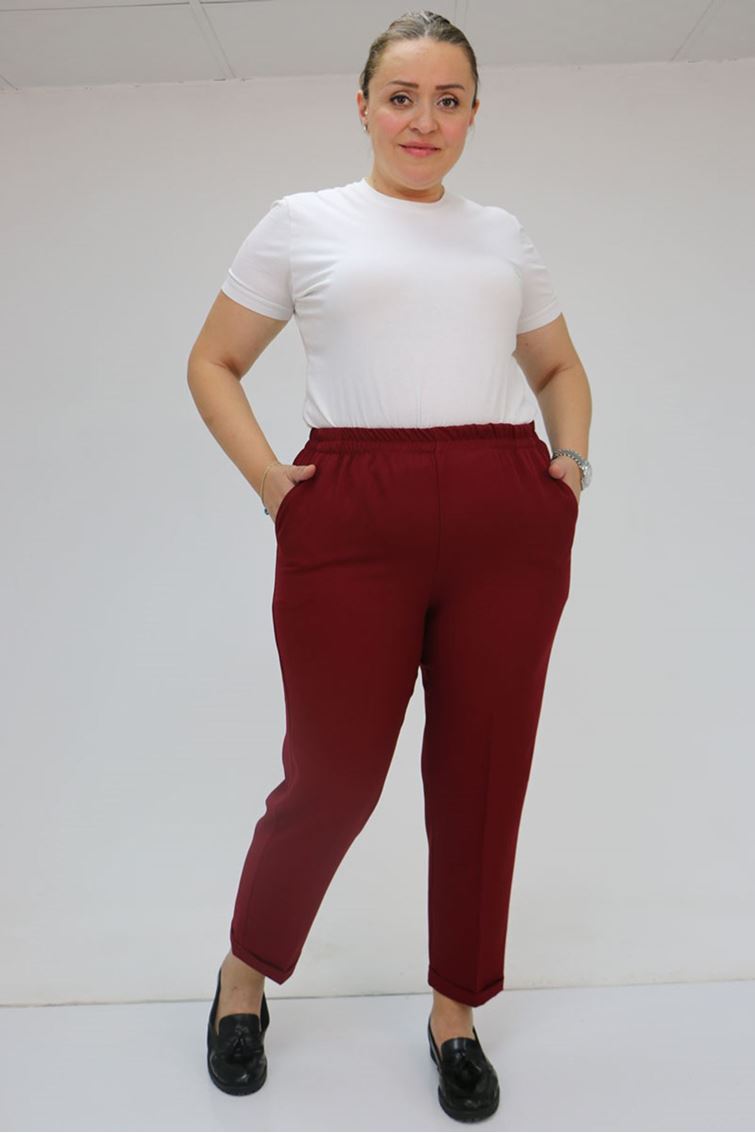 59009 Büyük Beden Beli Lastikli Duble Paça Pantolon - Bordo