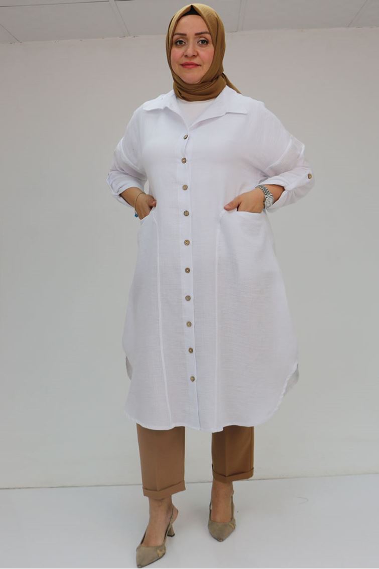 58071-1 Büyük Beden Önleri Torba Cepli Müslin Gömlek - Ekru