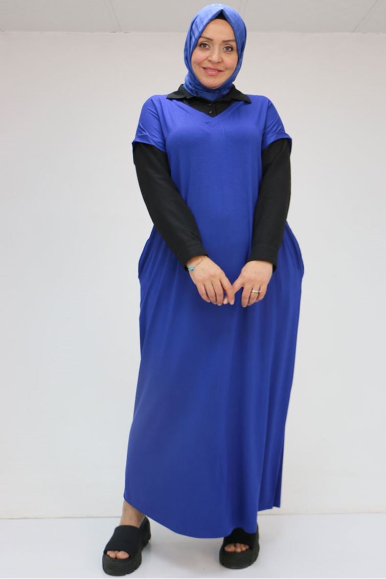 52009 Büyük Beden Kol Ve Yaka Garnili Penye Elbise - İndigo-Siyah