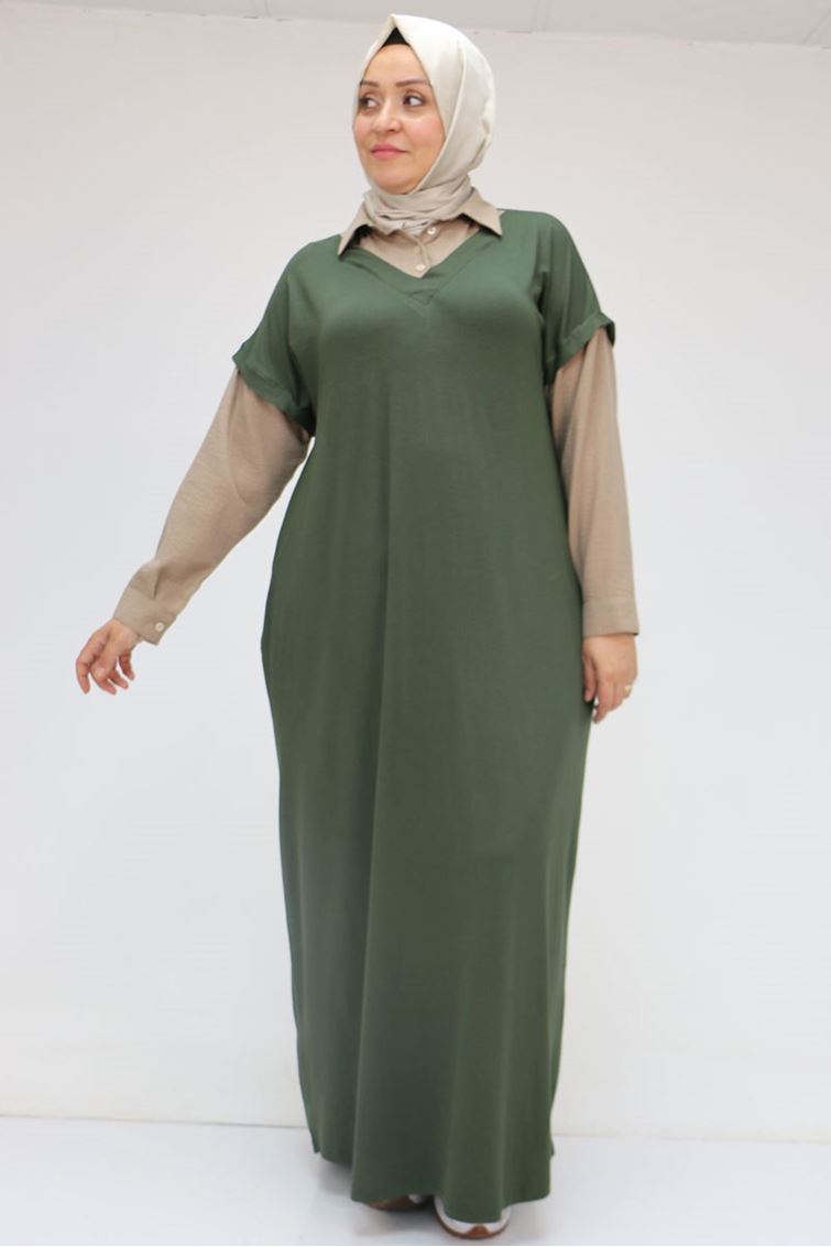 52009 Büyük Beden Kol Ve Yaka Garnili Penye Elbise - Haki-Vizon