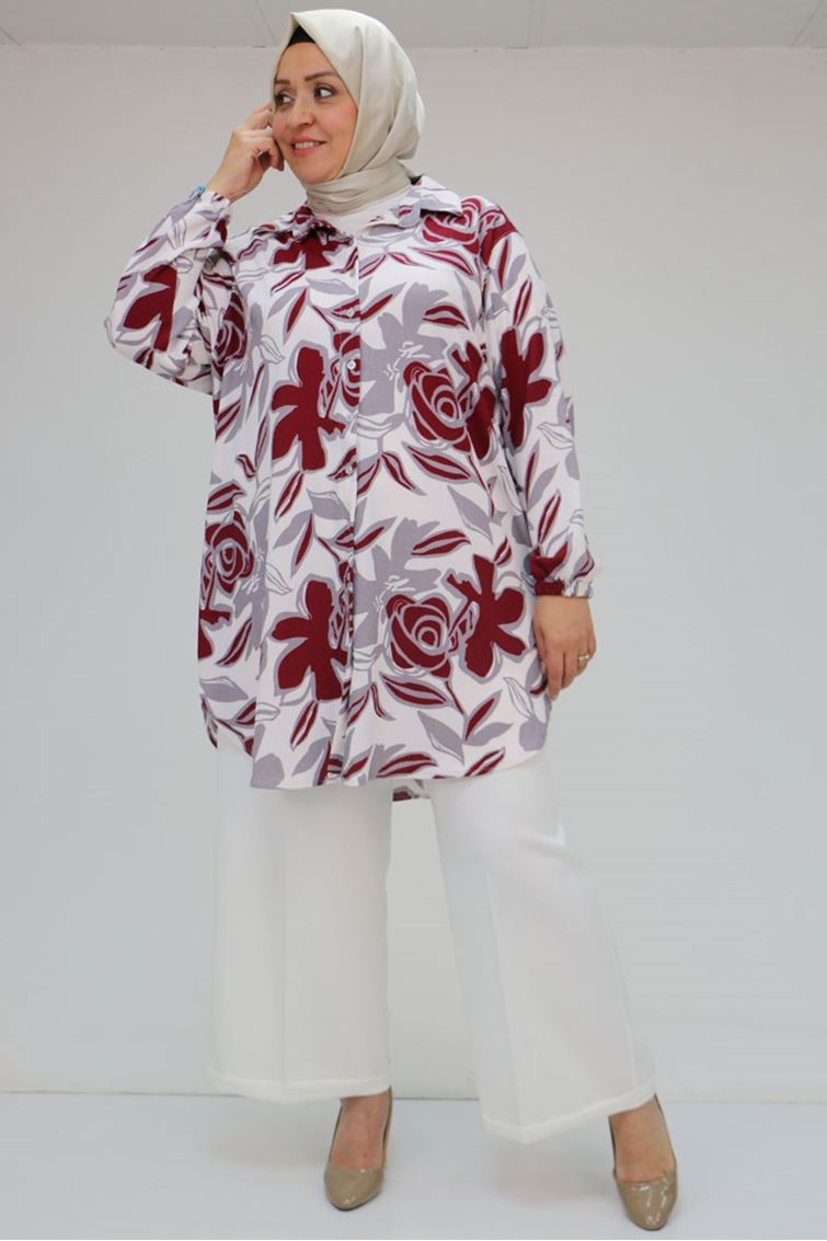 58031 Büyük Beden Erkek Yakalı Desenli Bürümcük Gömlek Tunik - Gri-Bordo