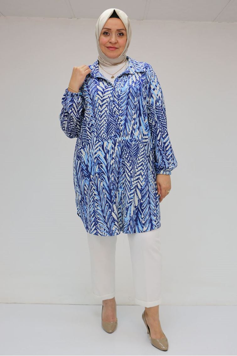 58031 Büyük Beden Erkek Yakalı Desenli Bürümcük Gömlek Tunik - Krem-İndigo