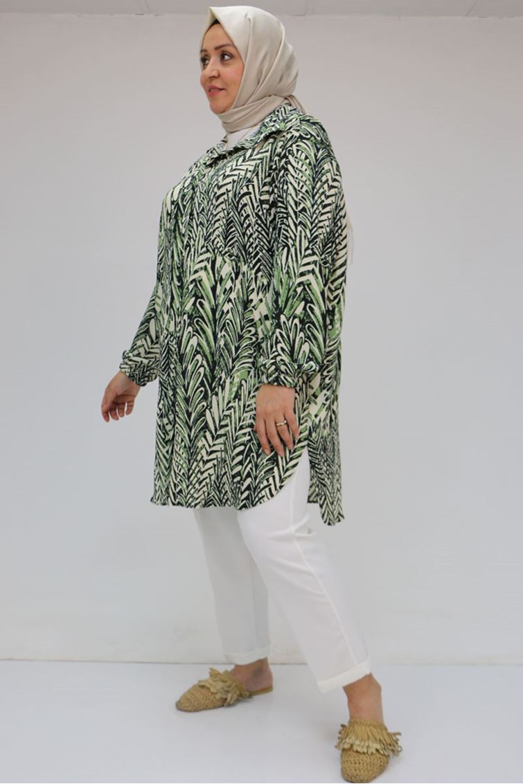 58031 Büyük Beden Erkek Yakalı Desenli Bürümcük Gömlek Tunik - Siyah-Nefti