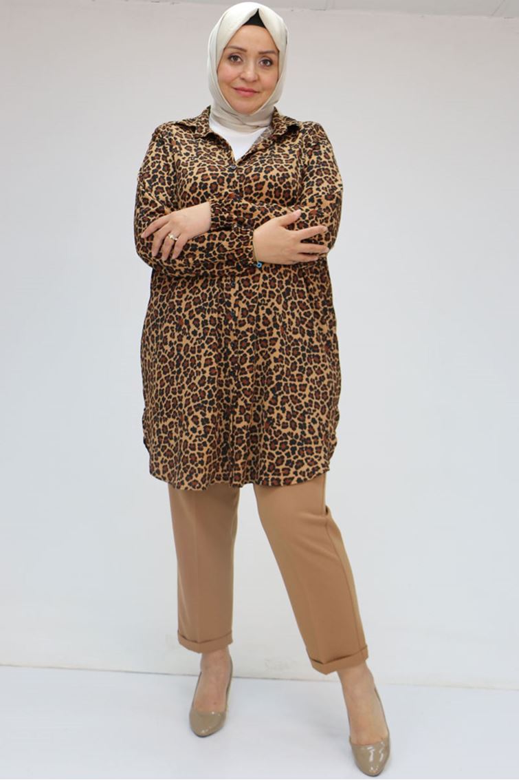 58031 Büyük Beden Erkek Yakalı Desenli Bürümcük Gömlek Tunik - Siyah-Leopar