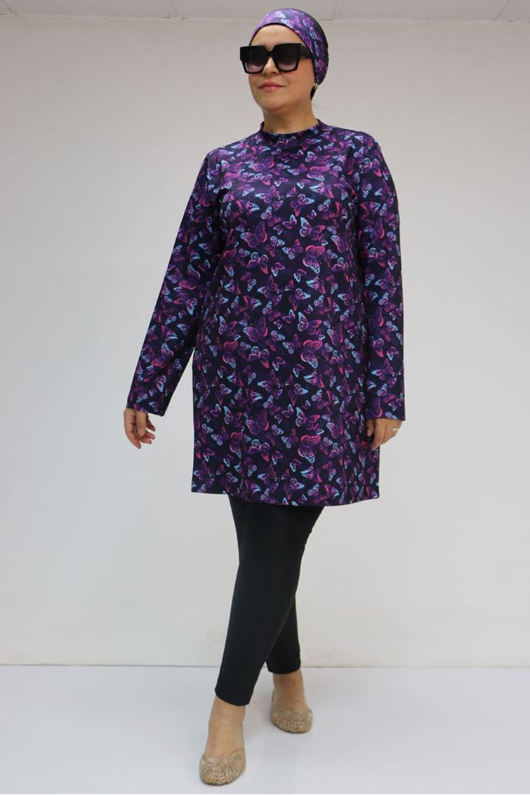 1727 Büyük Beden Uzunkol Tesettür Mayo Takım - Kelebek Desen Mor