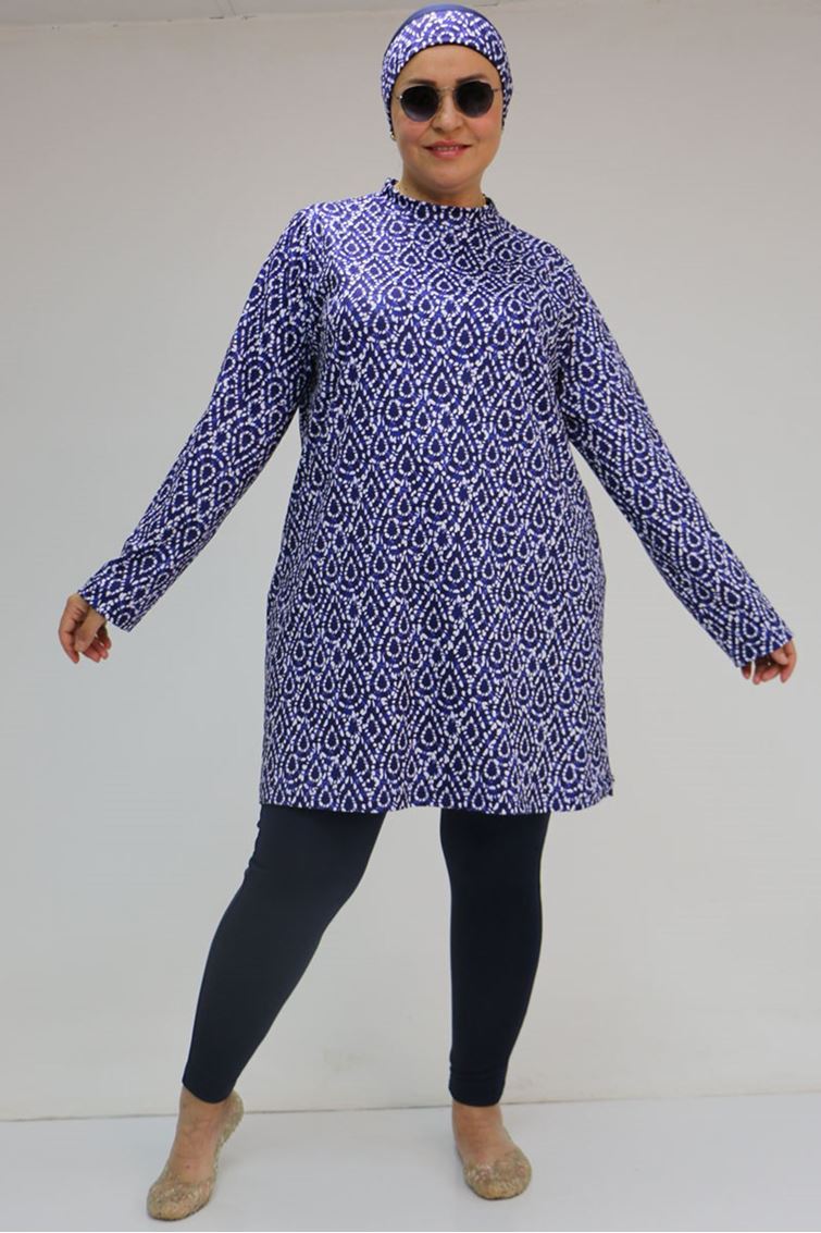 1727 Büyük Beden Uzunkol Tesettür Mayo Takım - Damla Desen Saks