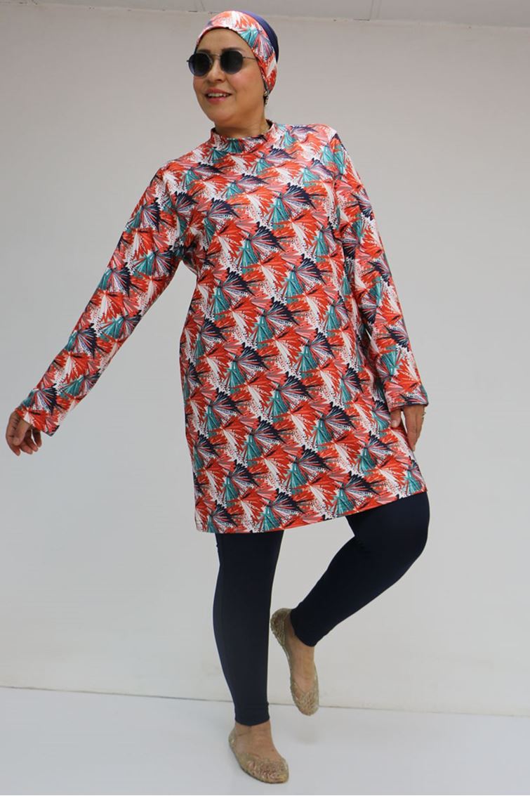 1727 Büyük Beden Uzunkol Tesettür Mayo Takım - Yaprak Desen Oranj
