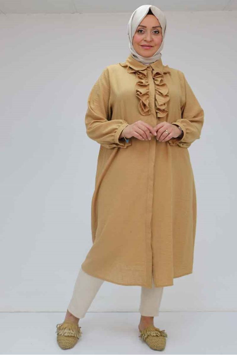 58029-E Büyük Beden Önü Fırfırlı Düğmeli Keten Gömlek - Taba