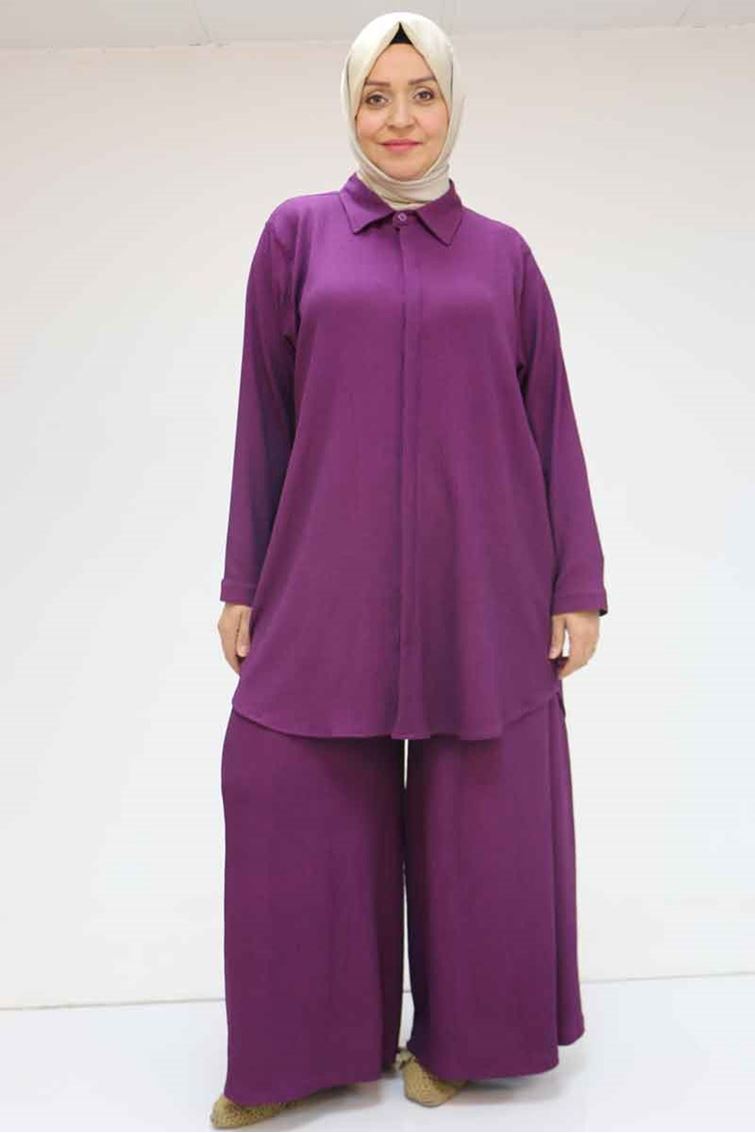 47073 Büyük Beden Bürümcük Pantolonlu Takım - Mürdüm