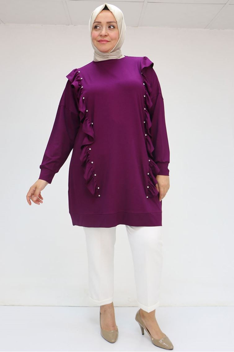 58074 Büyük Beden Fırfır Ve Taş Detaylı Penye Tunik - Mürdüm