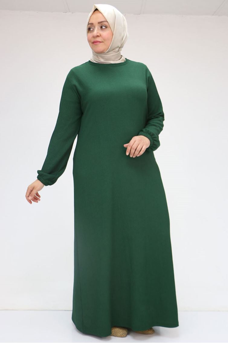32025 Büyük Beden Bürümcük  Kolu Lastikli Elbise - Zümrüt