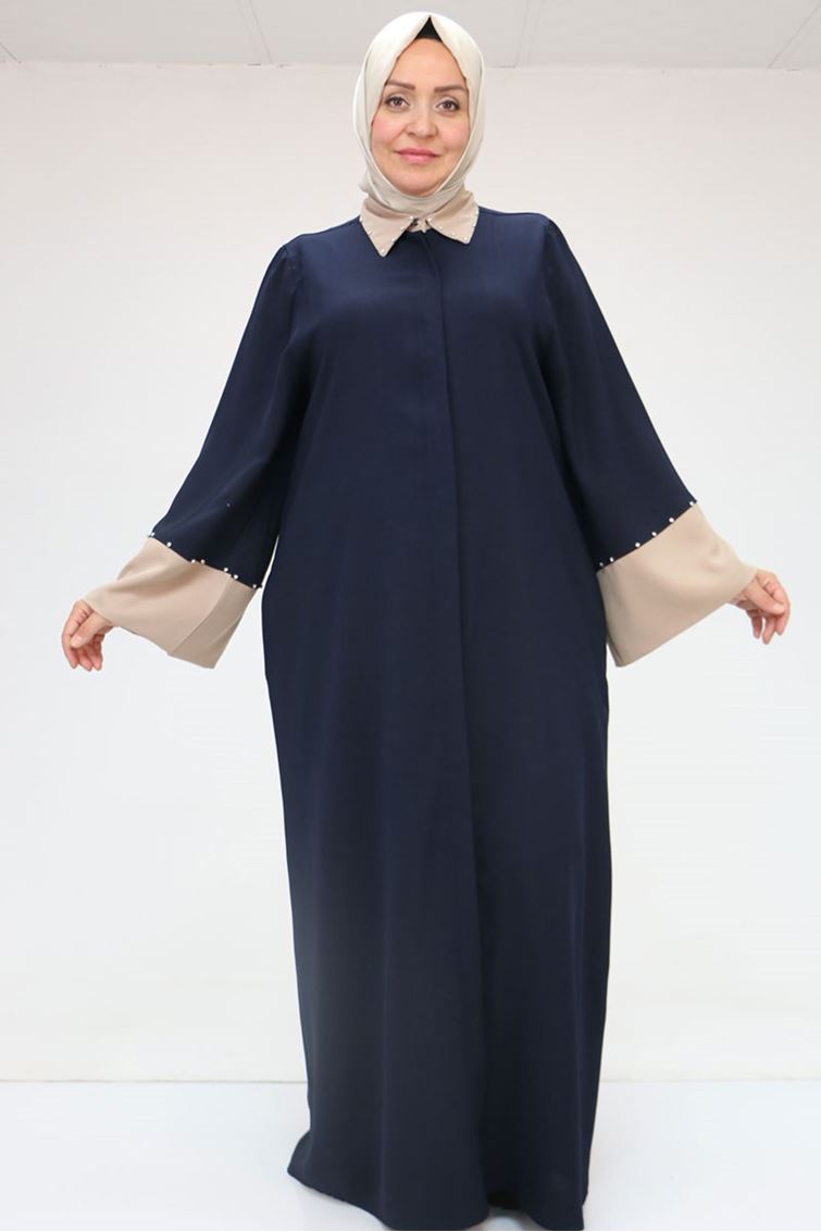 56008 Büyük Beden Kol Garnili Etamin Abaya Ferace - Lacivert-Vizon