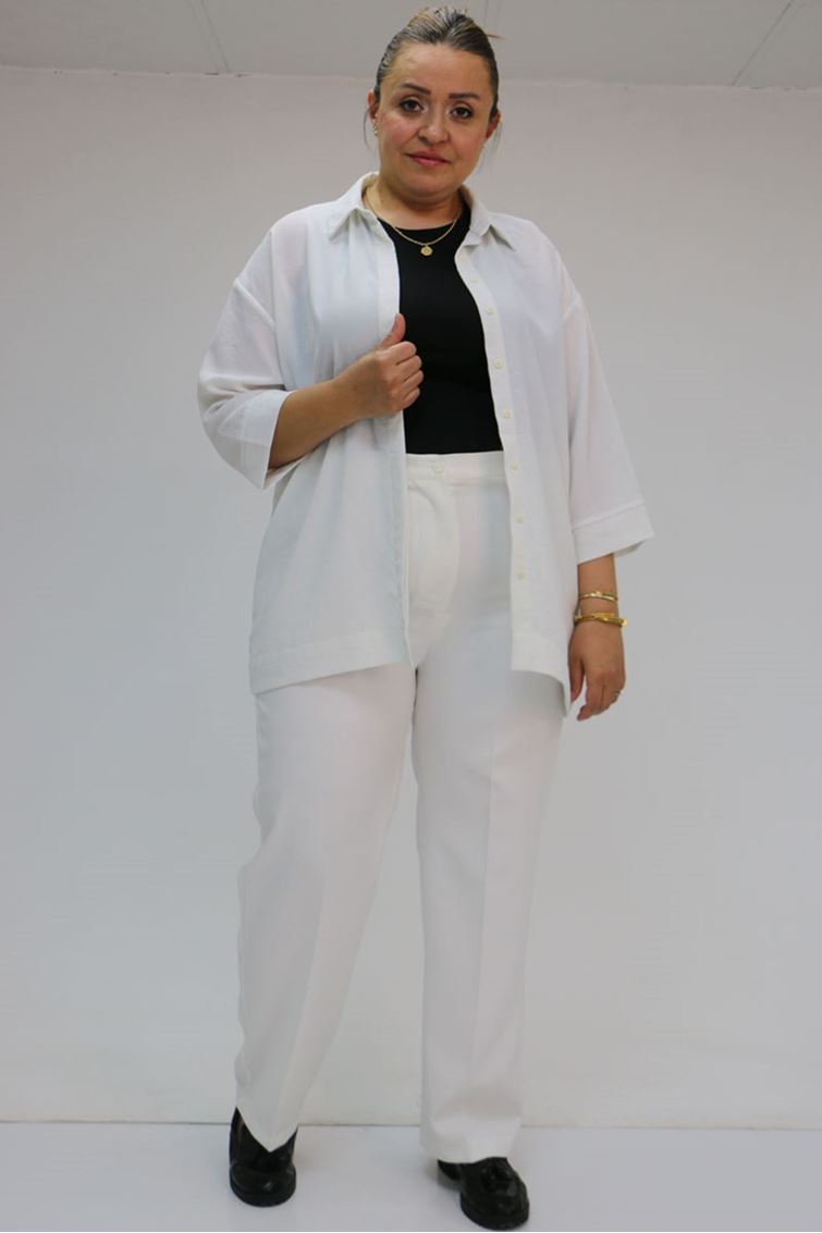 59010 Büyük Beden Beli Düğmeli Double Pantolon - Ekru