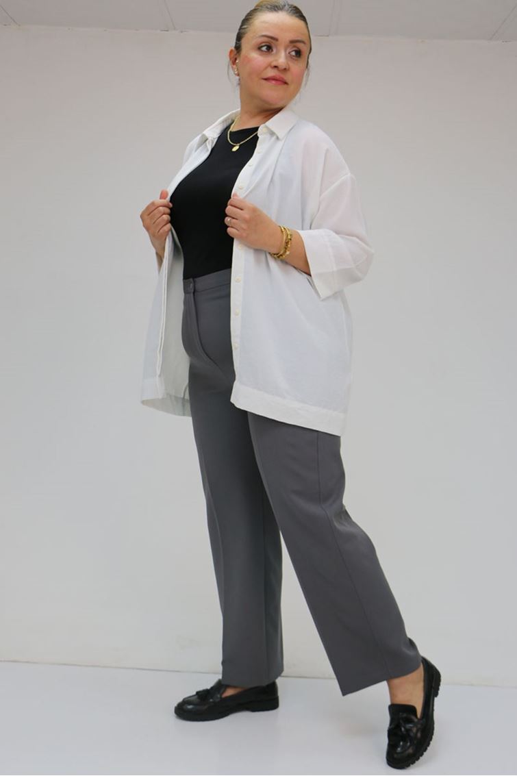 59010 Büyük Beden Beli Düğmeli Double Pantolon - Antrasit