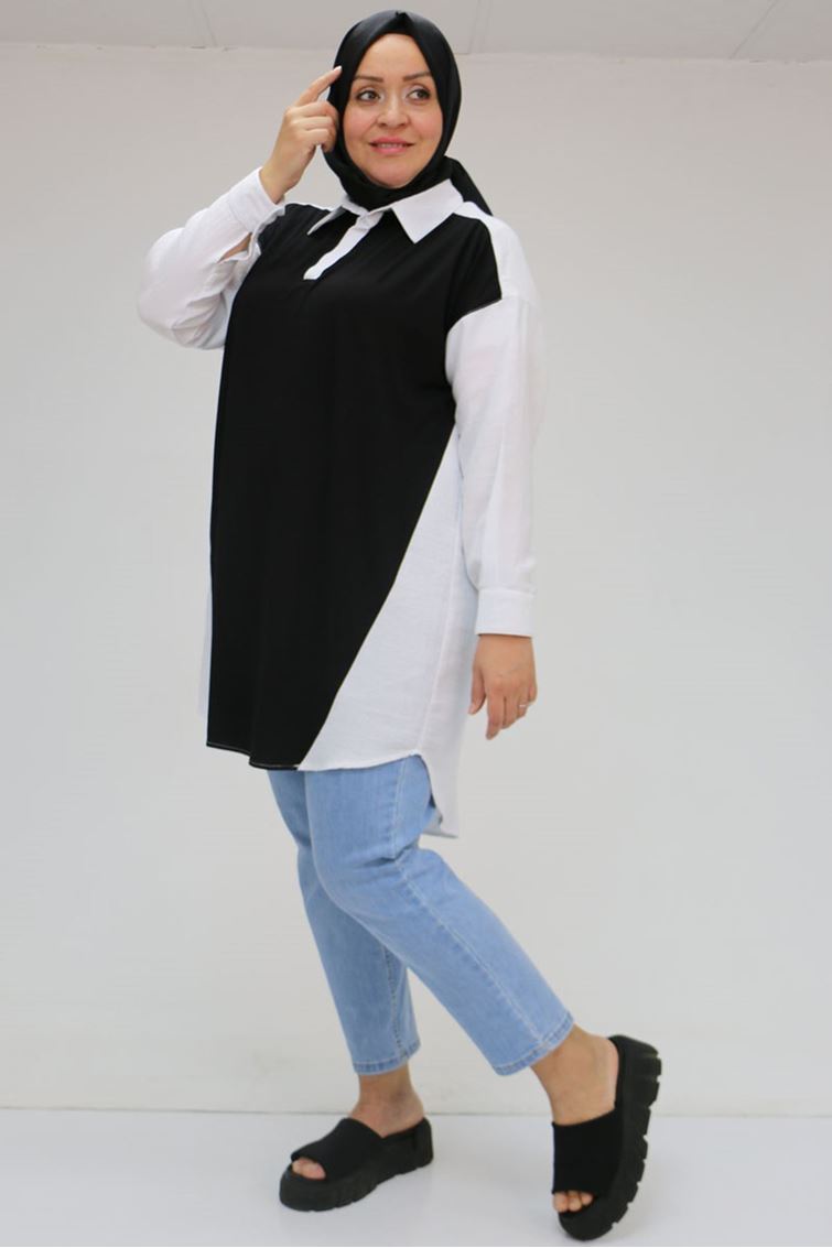 F-58032 Büyük Beden Önü Penye Detaylı Müslin Tunik - Siyah