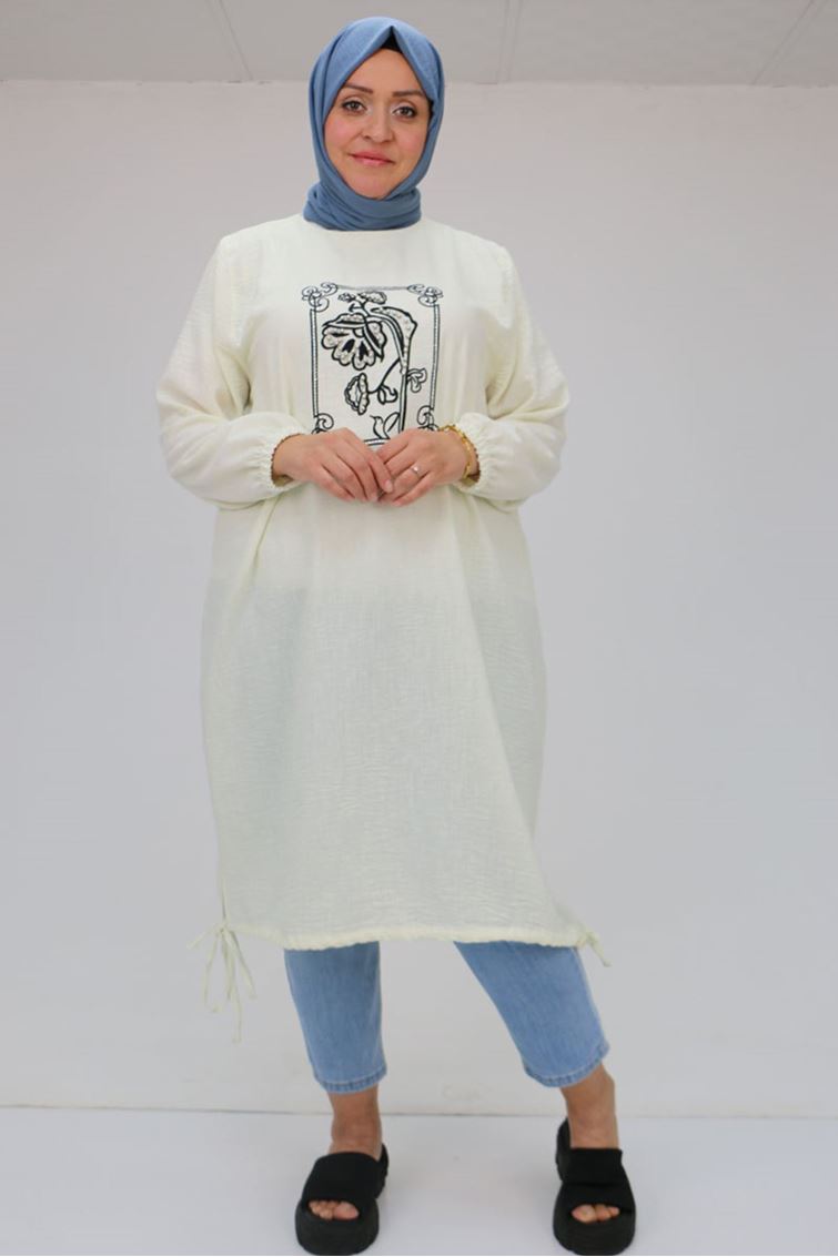 F-58009 Büyük Beden Önü Nakış Ve Boncuk İşlemeli Keten Tunik - Ekru