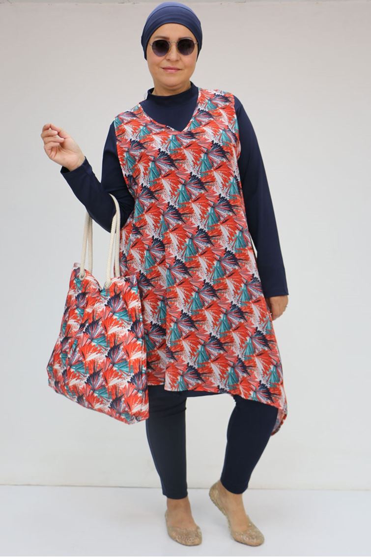1723 Büyük Beden Uzun Kol Şifon Pareolu Tesettür Mayo Takım - Yaprak Desen Oranj