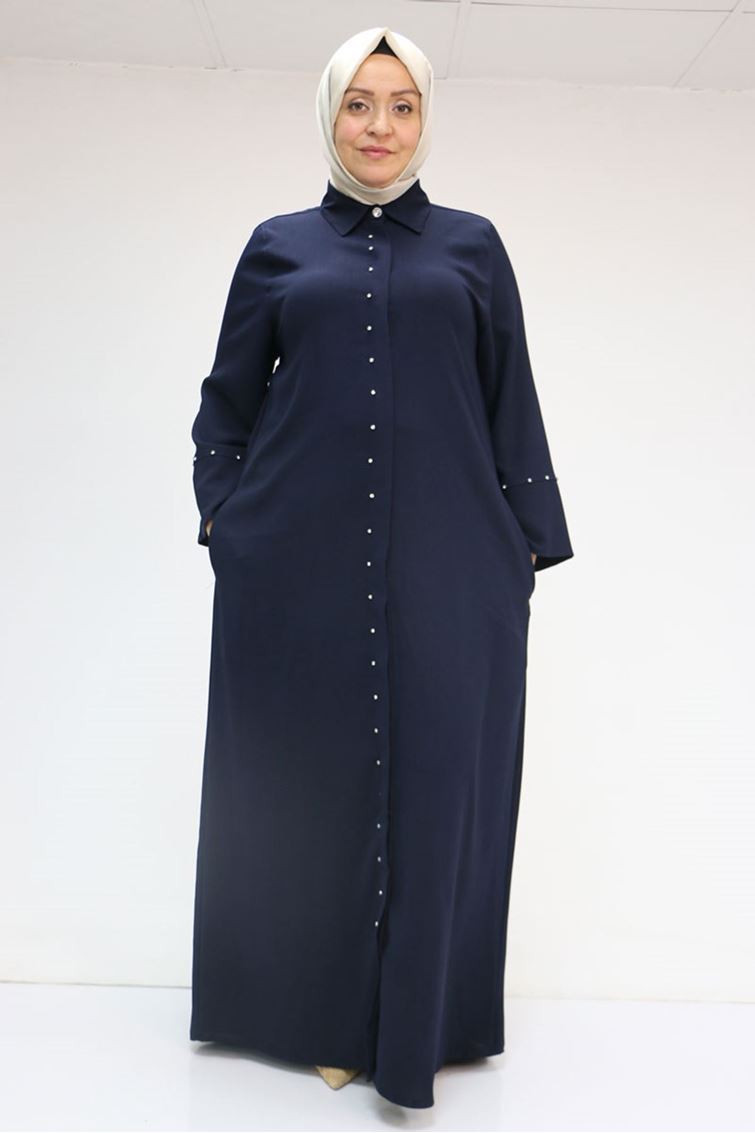 56012 Büyük Beden Kol Garnili Etamin Abaya Ferace - Lacivert