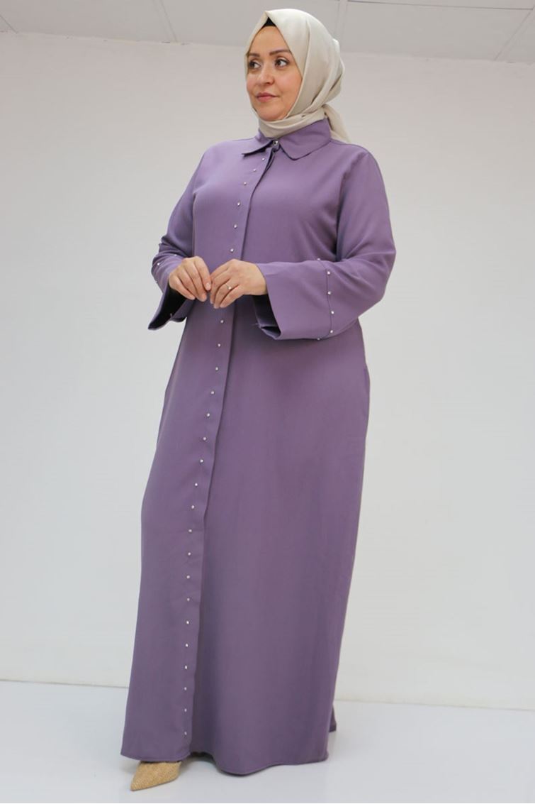 56012 Büyük Beden Kol Garnili Etamin Abaya Ferace - Lila