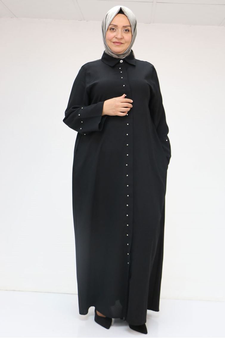 56012 Büyük Beden Kol Garnili Etamin Abaya Ferace - Siyah